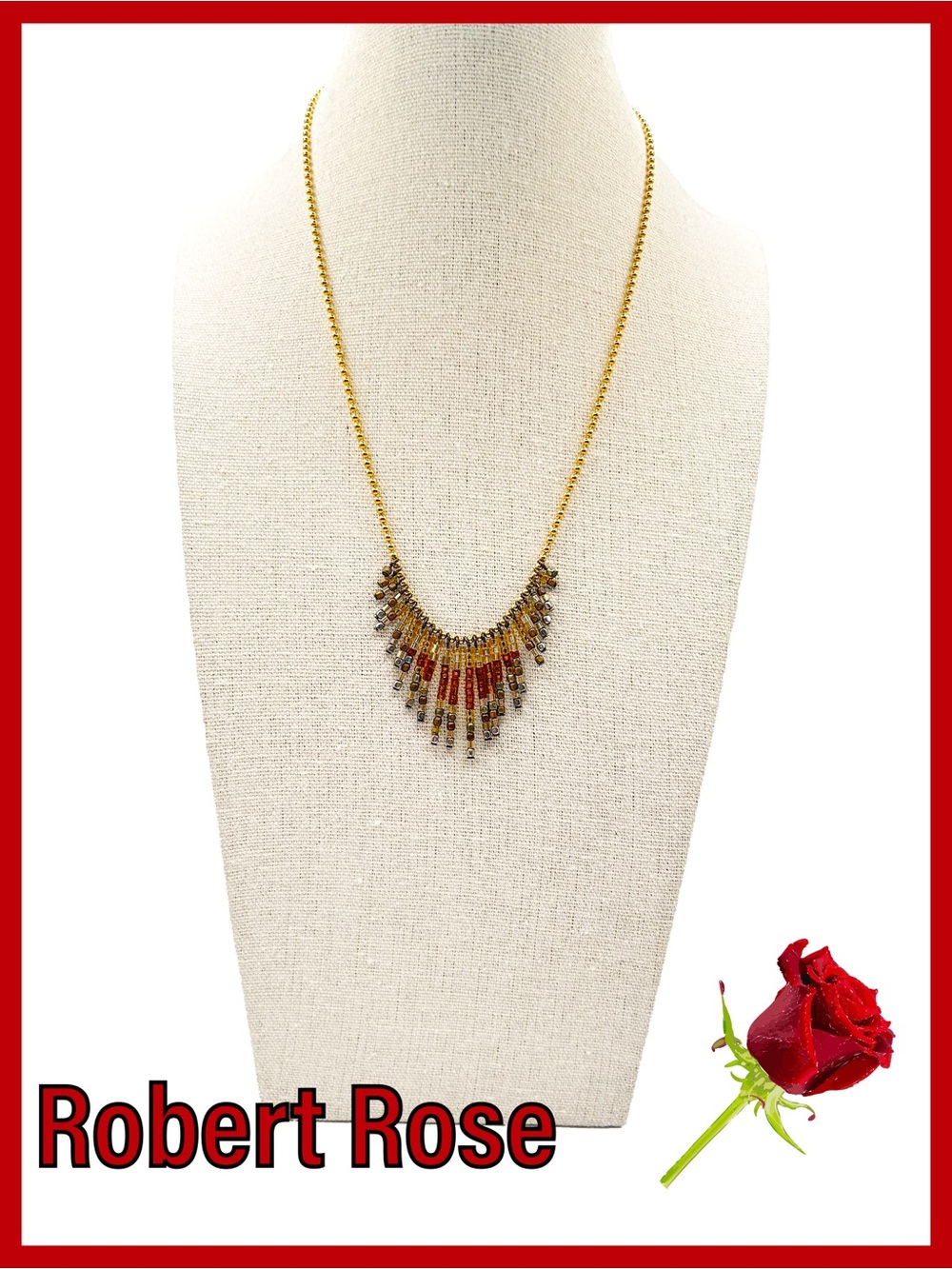 Signed ROBERT ROSE Fringe Bib Necklace, Beaded Waterfall Drop Collar Earth Tones